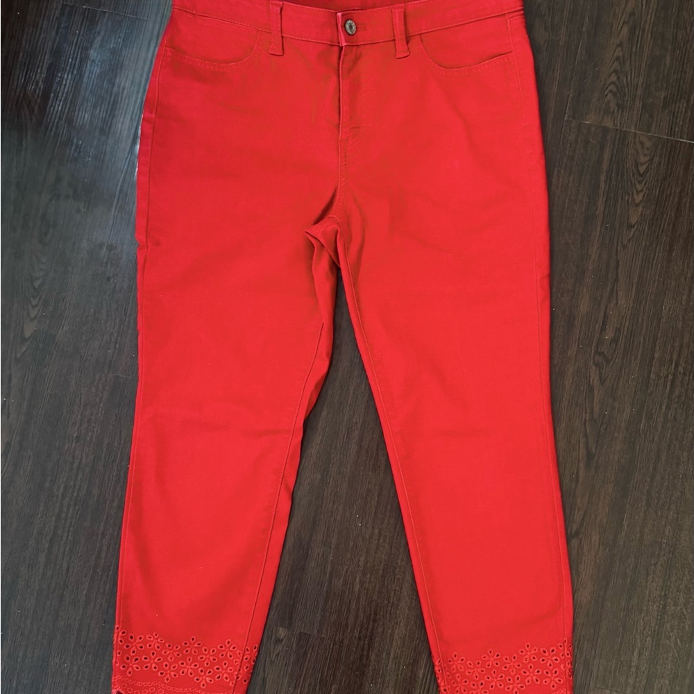 Vibrant Red Jeans with Embroidered Hem